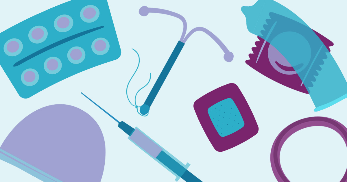 artistic renderings of various birth control method elements